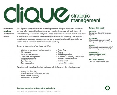 Clique Strategic Management Website - design Slang Inc - photos and production Dataharvest